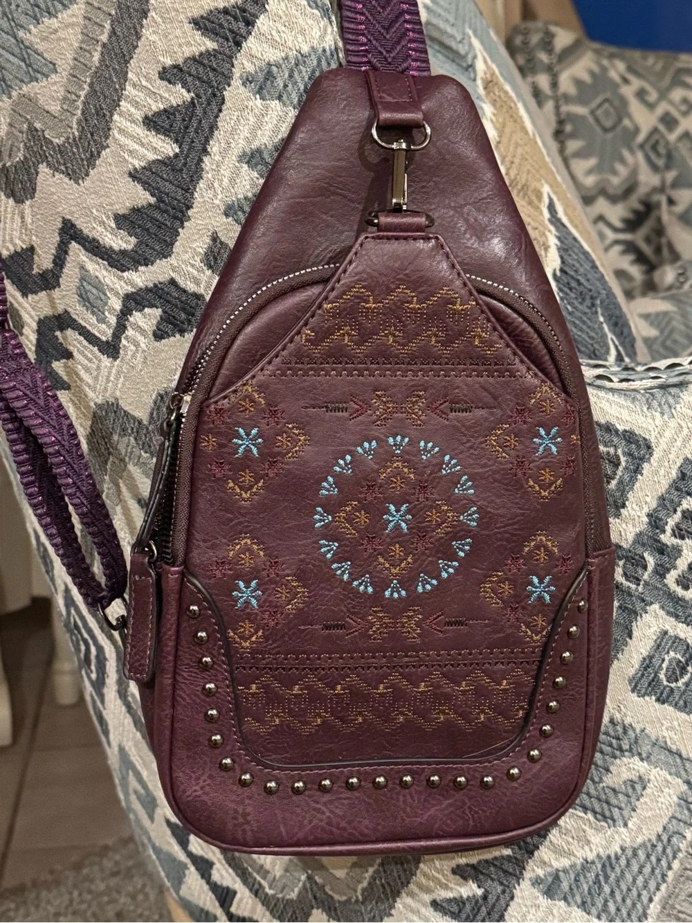 Sam And Hadley: Embroidered Burgundy Crossbody Sling Bag With Guitar Strap